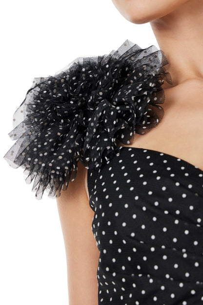 ML Monique Lhuillier black and white dotted tulle mini dress with puff shoulder accents.