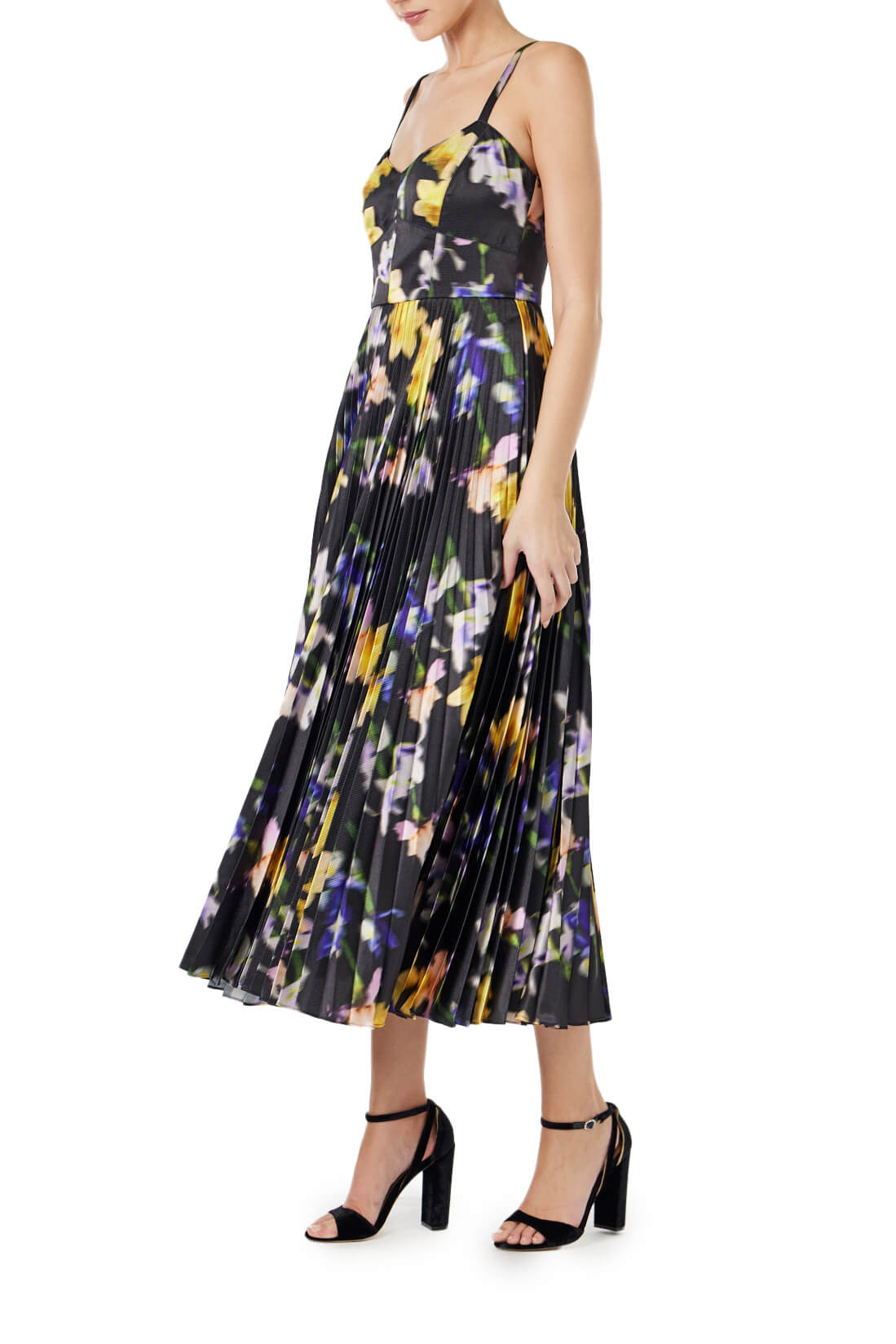 ML Monique Lhuillier  dark floral printed satin midi dress with thin straps and a pleated skirt.