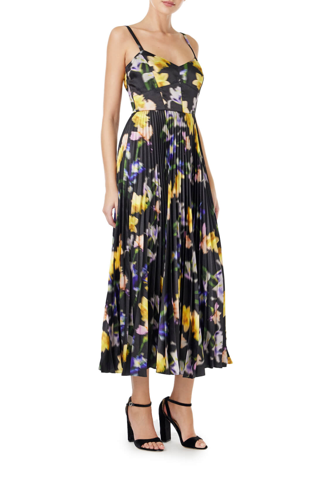 ML Monique Lhuillier  dark floral printed satin midi dress with thin straps and a pleated skirt.