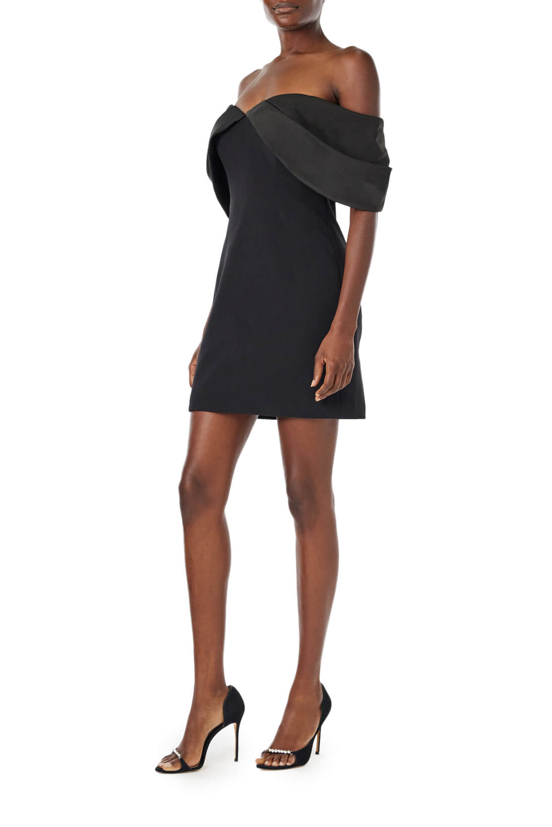 ML Monique Lhuillier black crepe mini dress with an off the shoulder neckline.