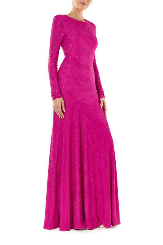 ML Monique Lhuillier long sleeve, jewel neck floor length dress with circle skirt seam in crystal berry mesh fabric.