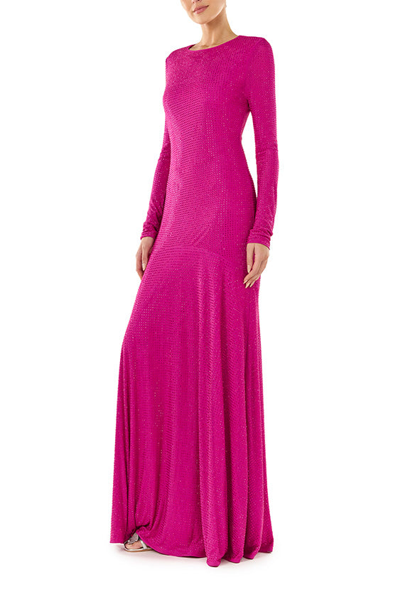 ML Monique Lhuillier long sleeve, jewel neck floor length dress with circle skirt seam in crystal berry mesh fabric.