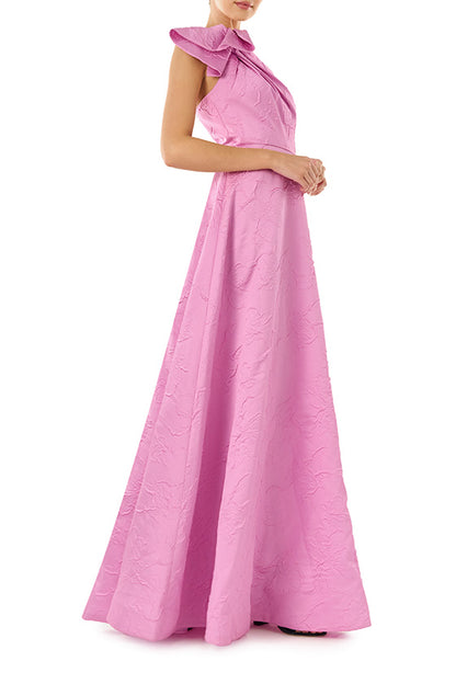 ML Monique Lhuillier floor length dress in orchid jacquard fabric with one shoulder and bow neckline.