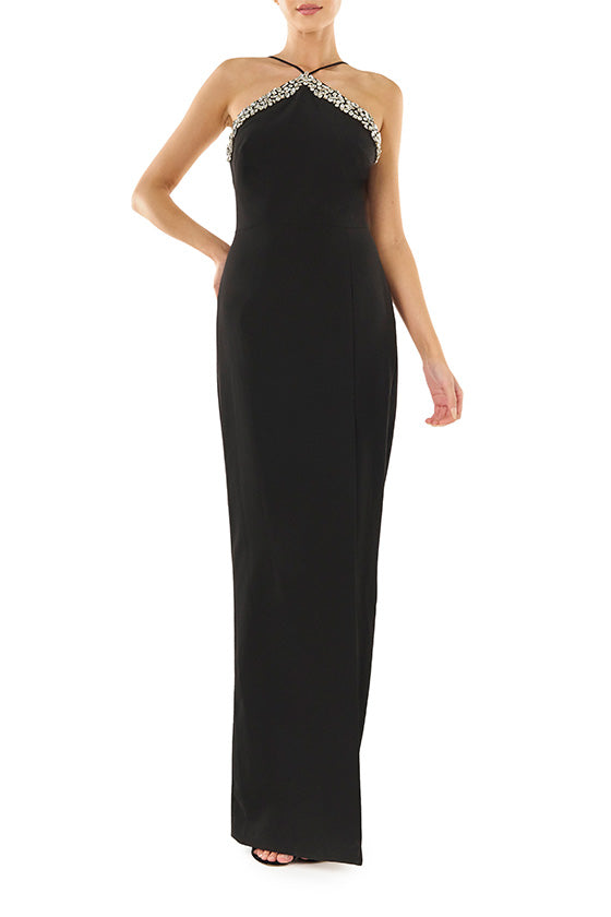 MLML Monique Lhuillier black crepe floor length dress with crystal embellished halter neckline and high leg slit.