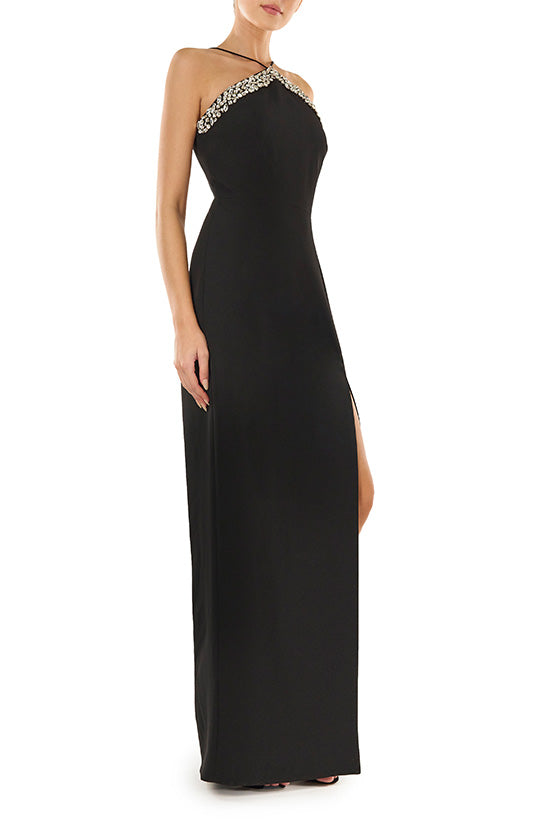 MLML Monique Lhuillier black crepe floor length dress with crystal embellished halter neckline and high leg slit.