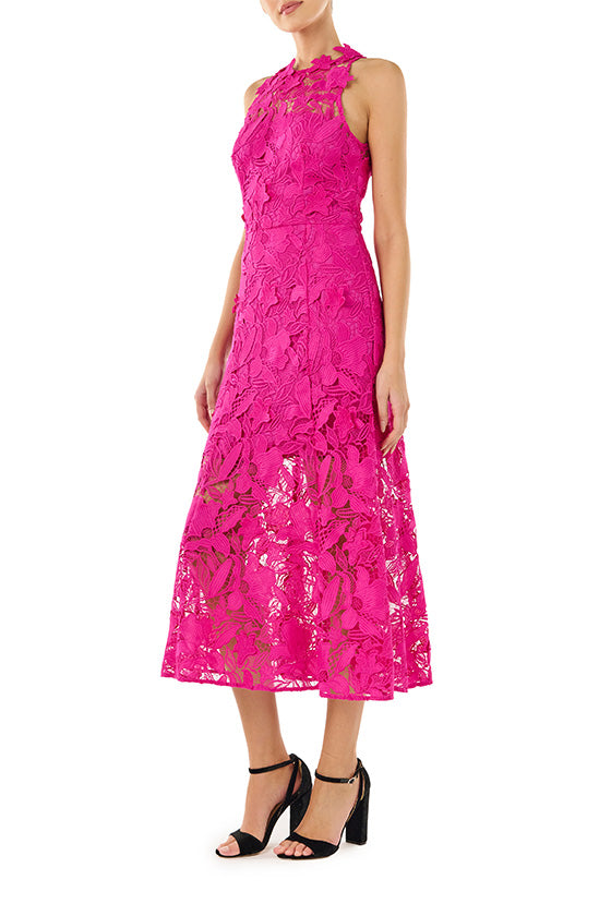 ML Monique Lhuillier sleeveless midi dress in 3D berry colored lace