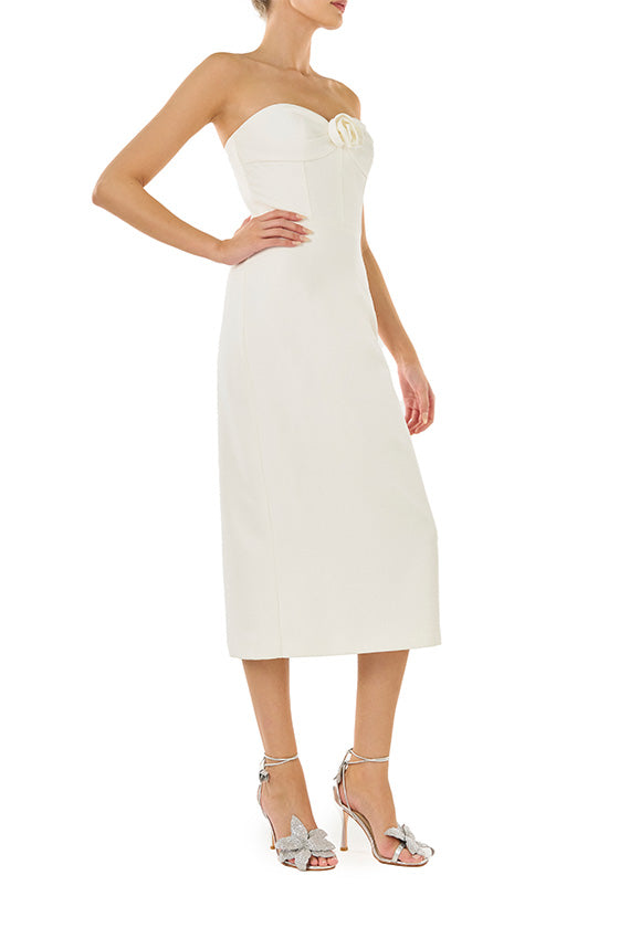 ML Monique Lhuillier Spring 2024 strapless ivory crepe midi dress with rosette detail at neckline - right side.