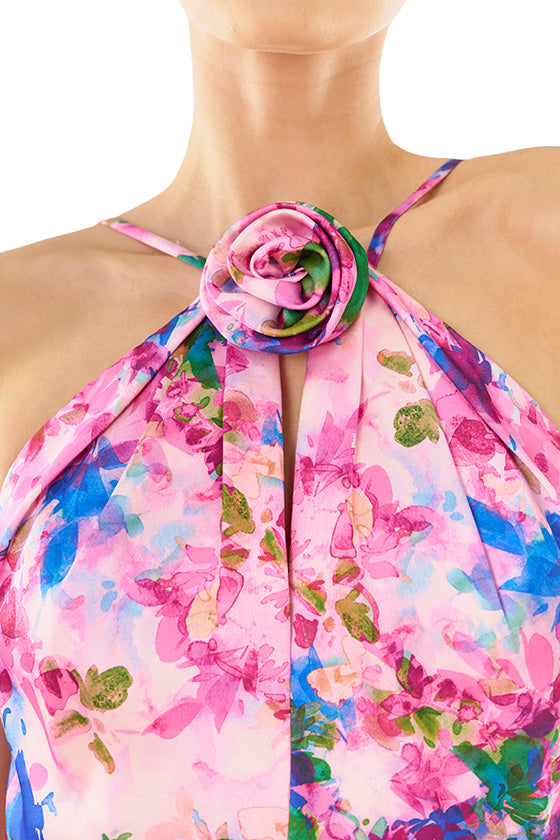 ML Monique Lhuillier Spring 2024 floor length dress with rosette, halter neckline and low V-back in Waterlily Floral crepe-back satin - detail.