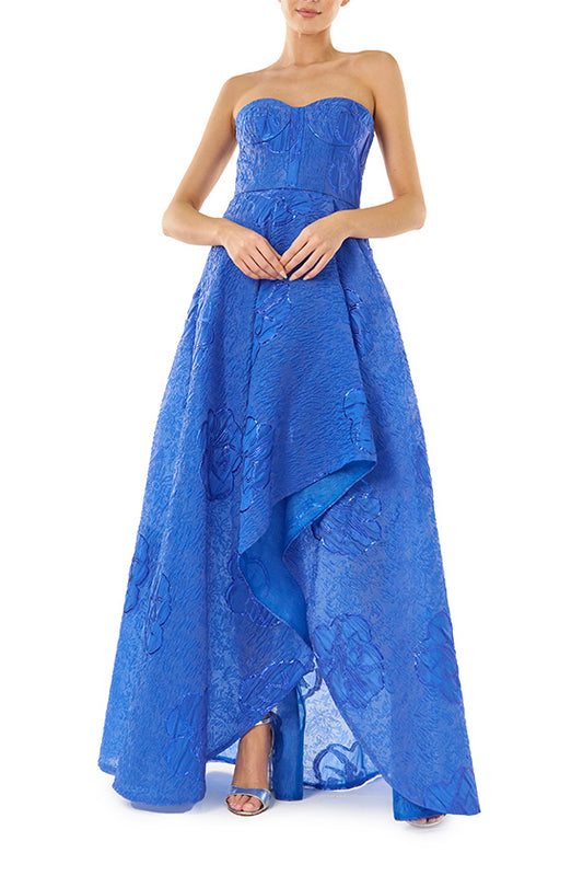 ML Monique Lhuillier Spring 2024 strapless gown with high-low hem in metallic royal blue - front.