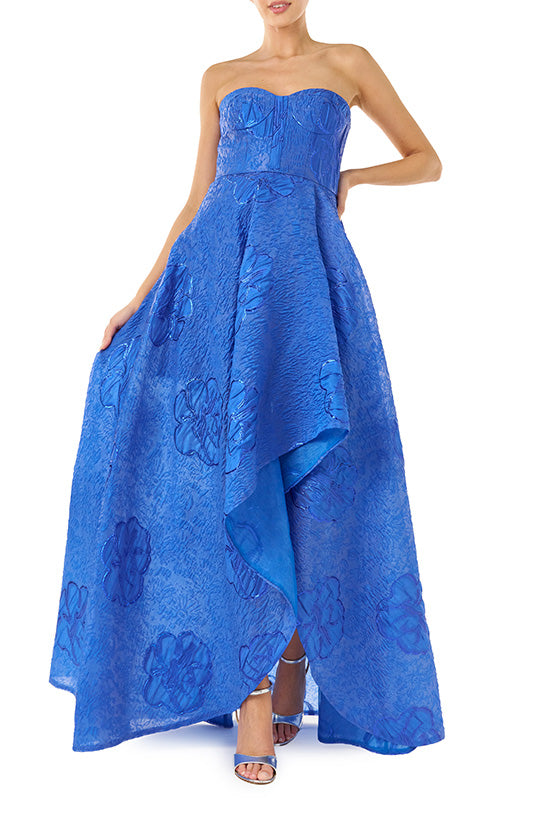 ML Monique Lhuillier Spring 2024 strapless gown with high-low hem in metallic royal blue - front two.