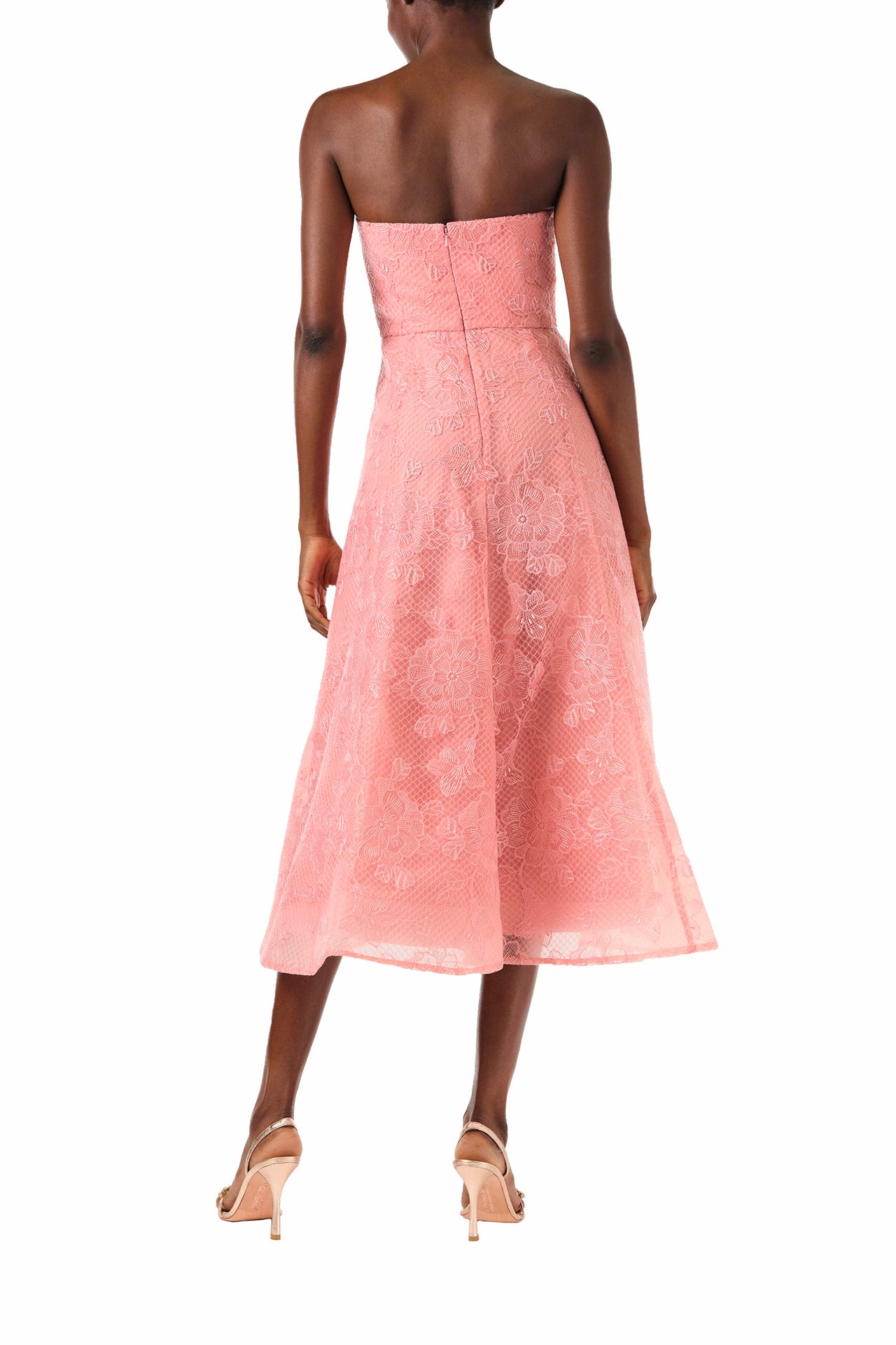 ML Monique Lhuillier 2024 strapless midi dress with flared skirt in Coral Rose embroidered lace - back.