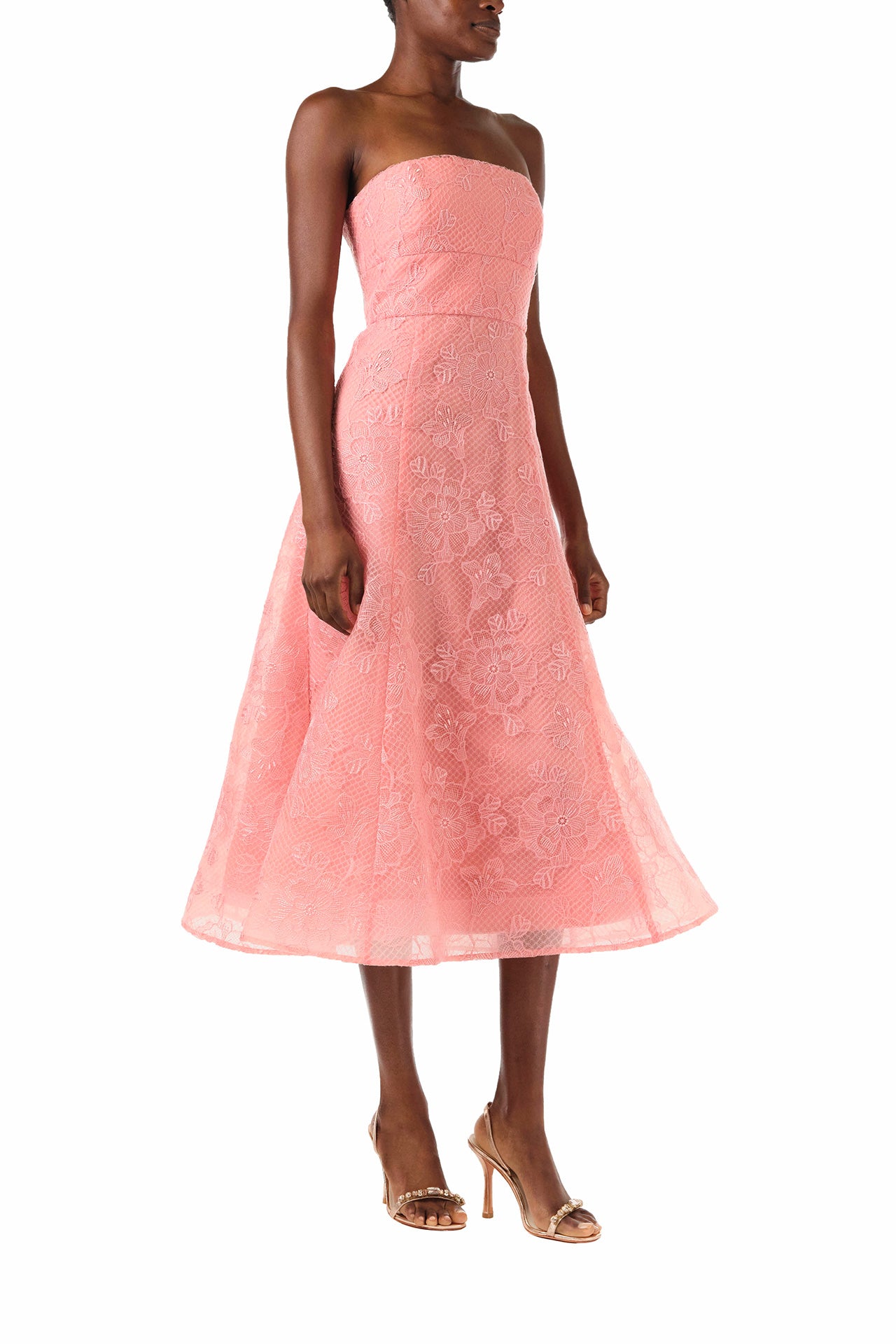 ML Monique Lhuillier 2024 strapless midi dress with flared skirt in Coral Rose embroidered lace - right side.