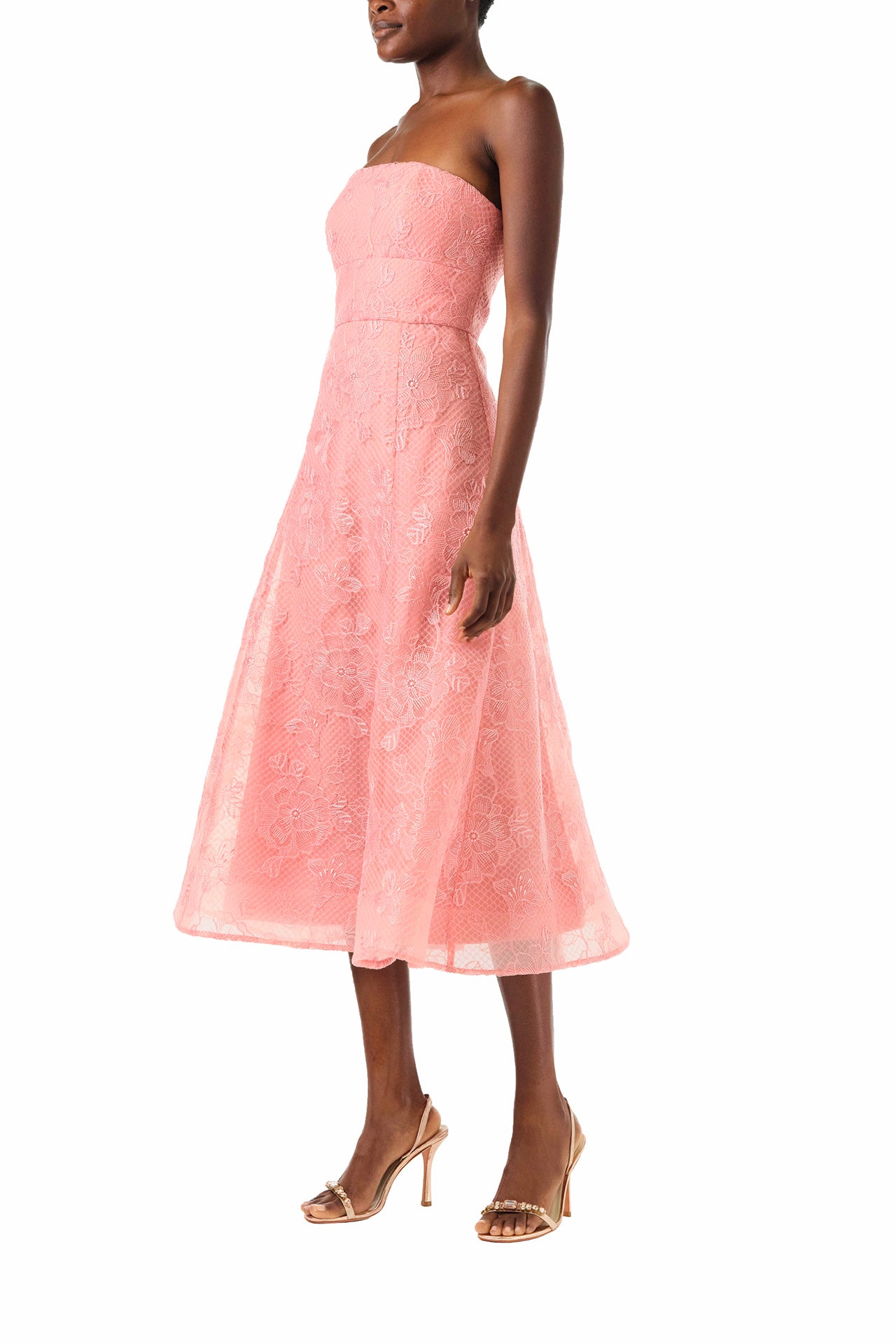 ML Monique Lhuillier 2024 strapless midi dress with flared skirt in Coral Rose embroidered lace - left side.