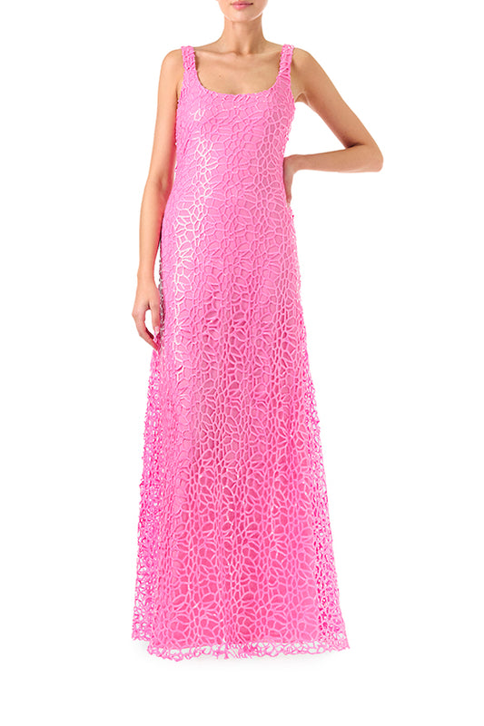 ML Monique Lhuillier Spring 2024 sleeveless, floor length gown with scoop neckline in Candy Pink sequin net - front.