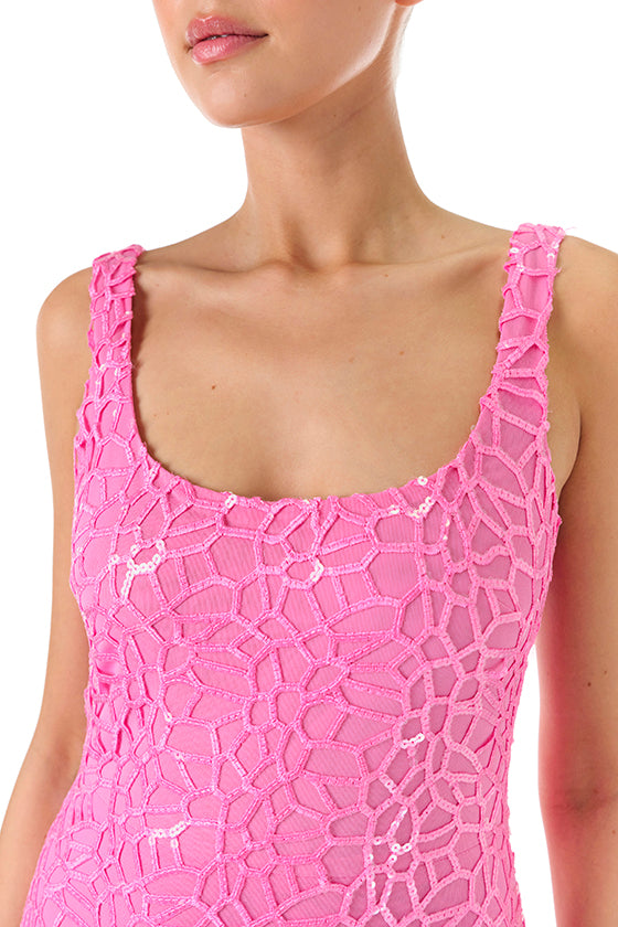 ML Monique Lhuillier Spring 2024 sleeveless, floor length gown with scoop neckline in Candy Pink sequin net - neckline.