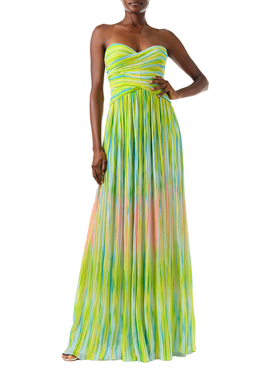 ML Monique Lhuillier Spring 2024 strapless, sweetheart neck gown with draped bodice and flowing skirt in green Electric Stripe pleated crinkle chiffon - front.