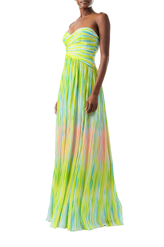 ML Monique Lhuillier Spring 2024 strapless, sweetheart neck gown with draped bodice and flowing skirt in green Electric Stripe pleated crinkle chiffon - left side.