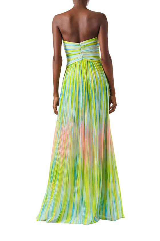 ML Monique Lhuillier Spring 2024 strapless, sweetheart neck gown with draped bodice and flowing skirt in green Electric Stripe pleated crinkle chiffon - back.