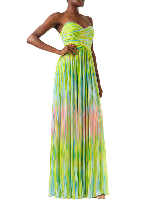 ML Monique Lhuillier Spring 2024 strapless, sweetheart neck gown with draped bodice and flowing skirt in green Electric Stripe pleated crinkle chiffon - right side.