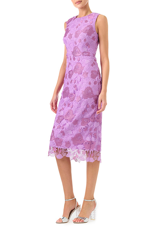 ML Monique Lhuillier Spring 2024 sleeveless, jewel neck sheath dress in Lilac Pearl metallic lace - left side.