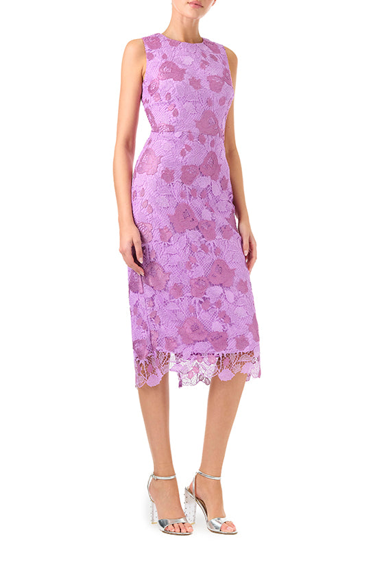 ML Monique Lhuillier Spring 2024 sleeveless, jewel neck sheath dress in Lilac Pearl metallic lace - right side.