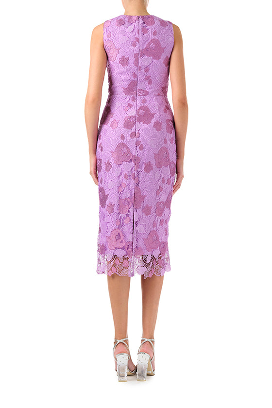 ML Monique Lhuillier Spring 2024 sleeveless, jewel neck sheath dress in Lilac Pearl metallic lace - back.