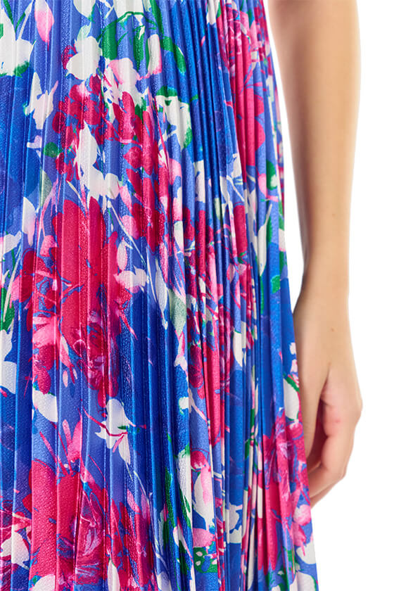 ML Monique Lhuillier blue and purple Hydrangea printed satin floor length dress.