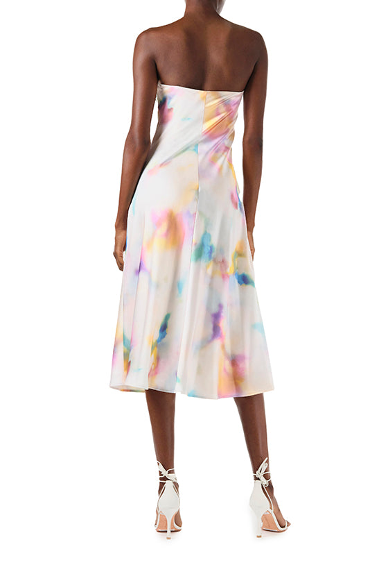 ML Monique Lhuillier Spring 2024 strapless midi dress with pleated sweetheart neckline in Golden Sky crepe back satin - back.