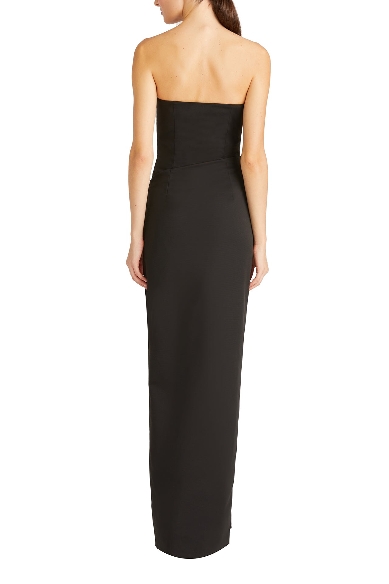 ML Monique Lhuillier Summer 2024 strapless, sweetheart neckline long dress with draped waistline and leg slit - back.