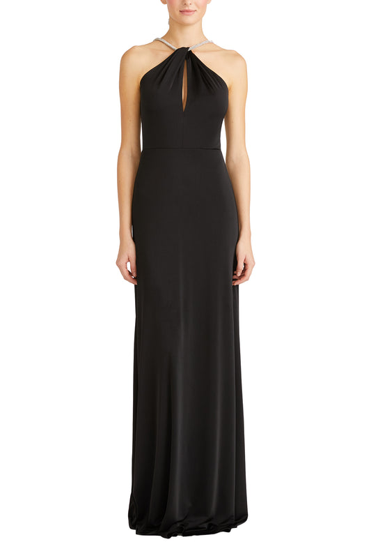 ML Monique Lhuillier Summer 2024 Sleeveless, floor length gown with crystal keyhole halter neckline - front.