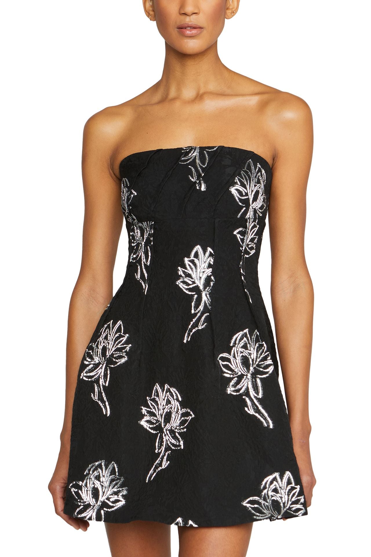 ML Monique Lhuillier Strapless, A-line cocktail dress with mini length skirt in Black/Silver Metallic Jacquard - fabric.