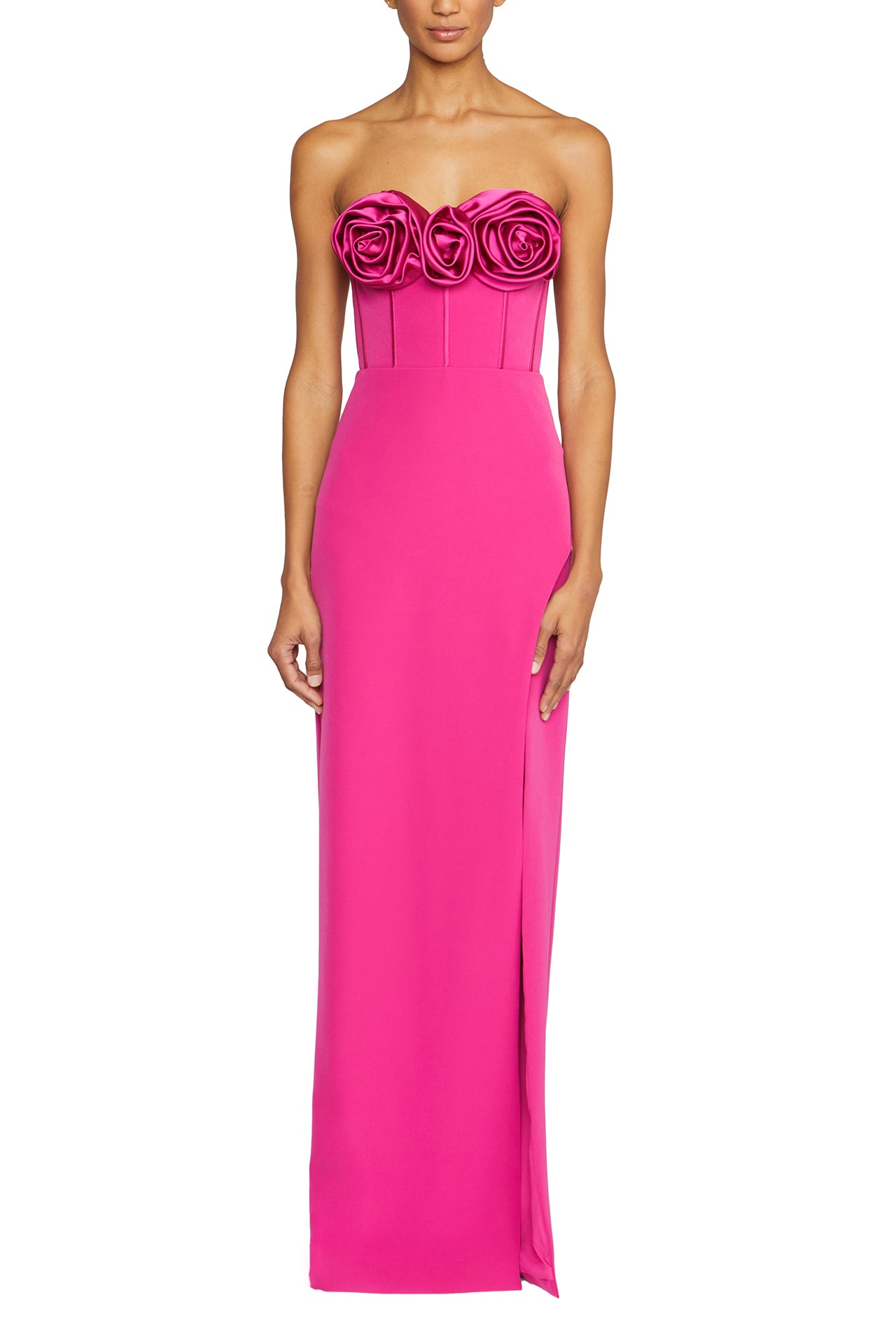 Strapless column gown with corseted bodice and rosette detail at front neckline in Cerise Pink crepe- front