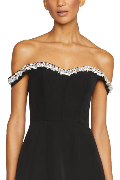 Off the shoulder A-line mini dress with rhinestone beaded trim at neckline in Noir crepe- front detail