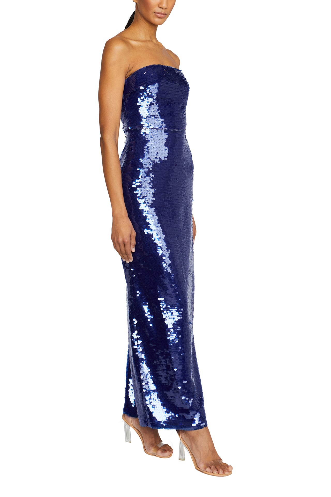 Strapless sequin column gown in Marine- side