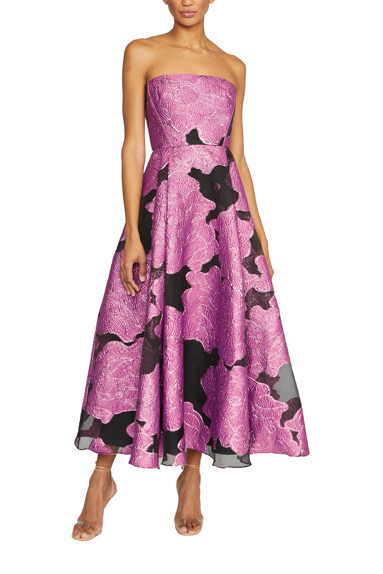 Strapless midi dress with full A-line skirt in French Fuchsia/Black jacquard- front