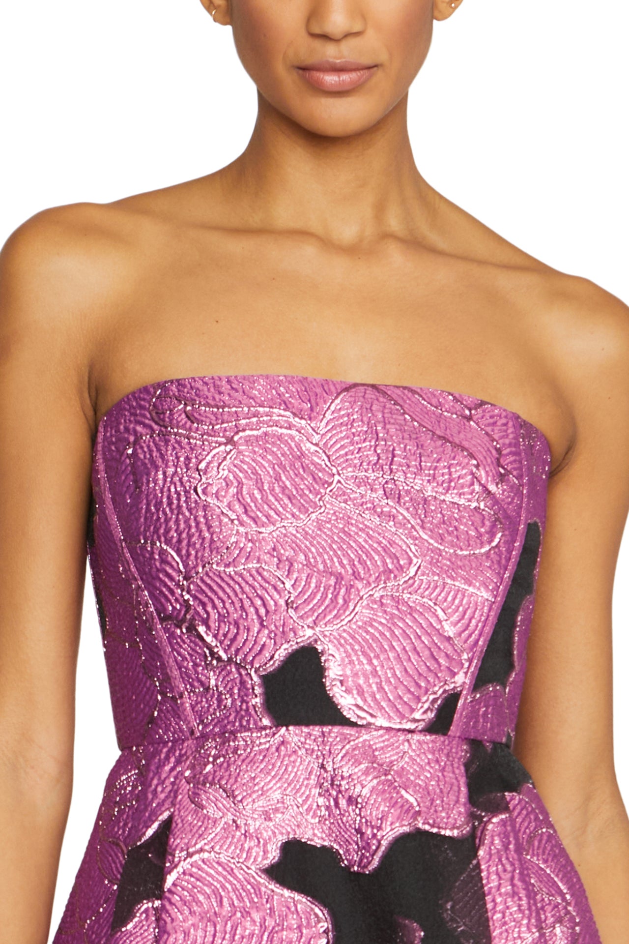 Strapless midi dress with full A-line skirt in French Fuchsia/Black jacquard- front detail