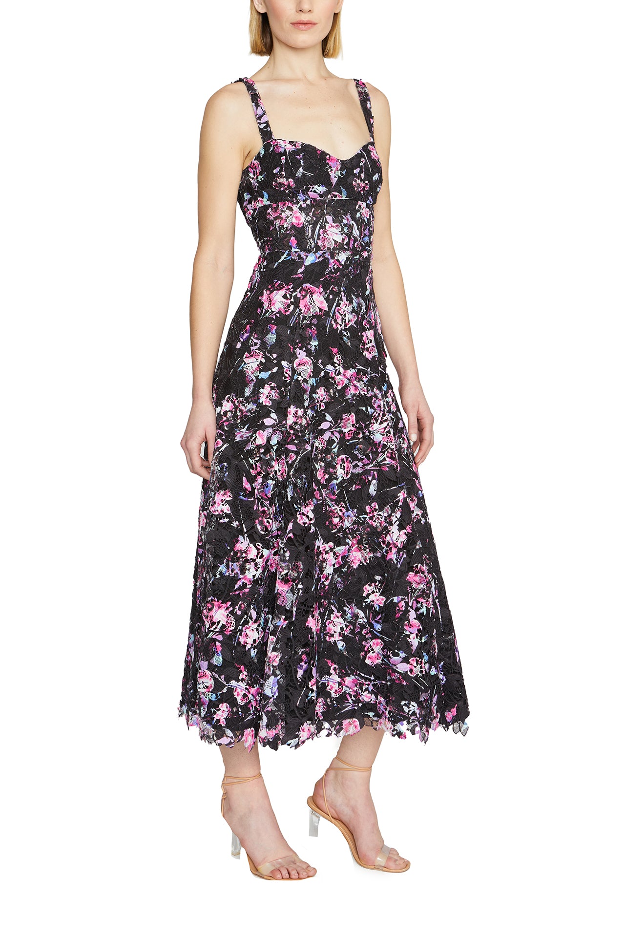 ML Monique Lhuillier Sleeveless floral lace midi dress with sweetheart neckline and A-line skirt - side.