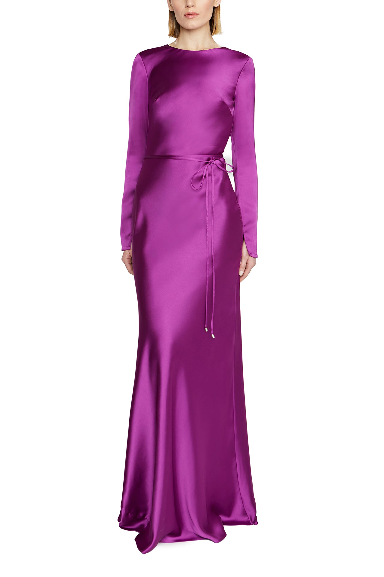 ML Monique Lhuillier purple long sleeve, jewel neckline gown with keyhole back and narrow sash at waist - front.