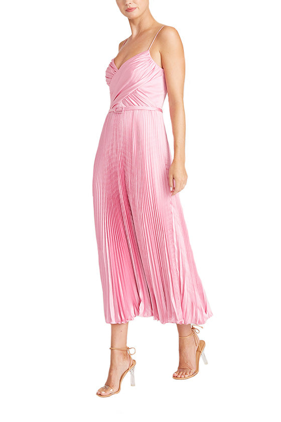 ML Monique Lhuillier rose pink satin midi dress with draped bodice, spaghetti straps and pleated skirt.