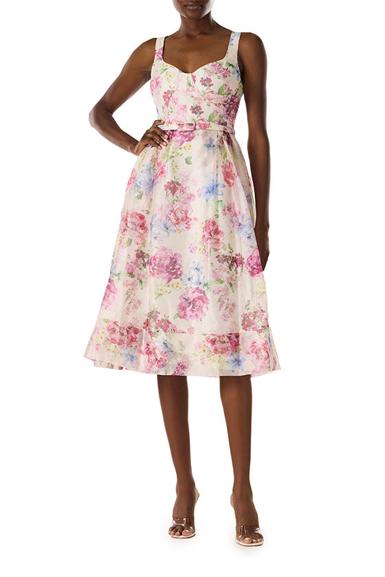 Floral organza midi dress with straps and belted waist.