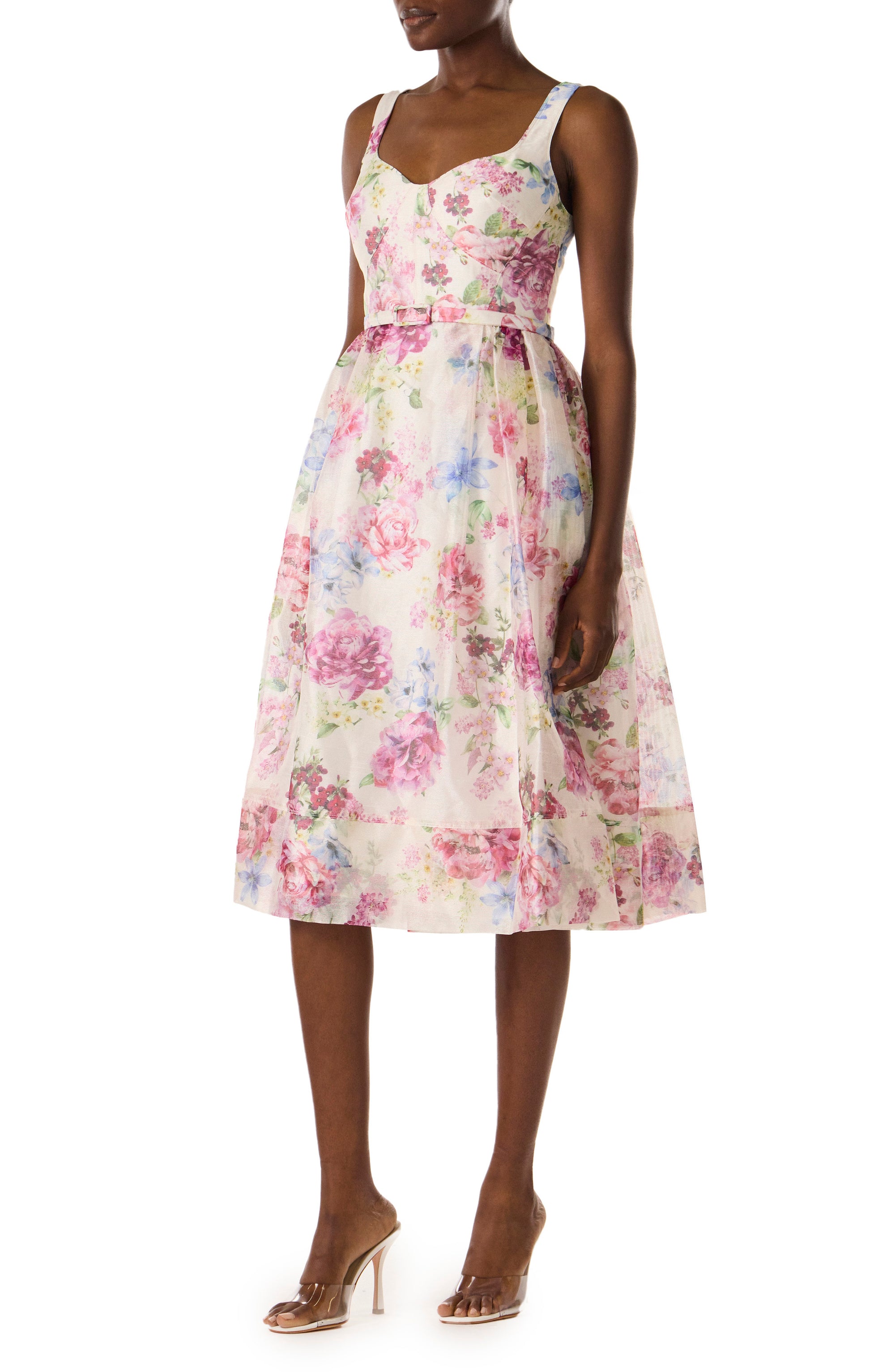 Floral organza midi dress with straps and belted waist.