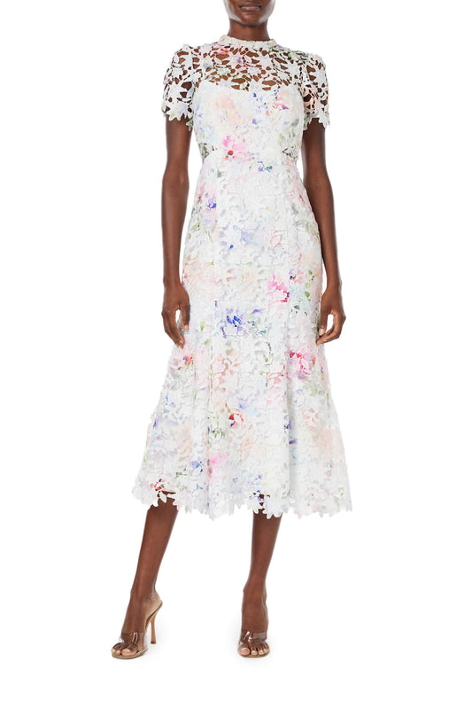 ML Monique Lhuillier Short Sleeve Lace Midi Dress in watercolor print.