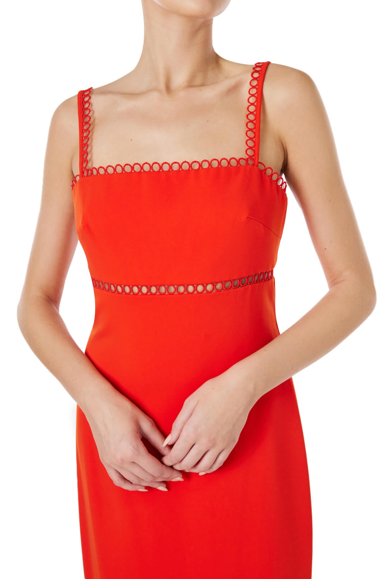 ML Monique Lhuillier red crepe dress with straps, eyelet embroidery and waist cutout.