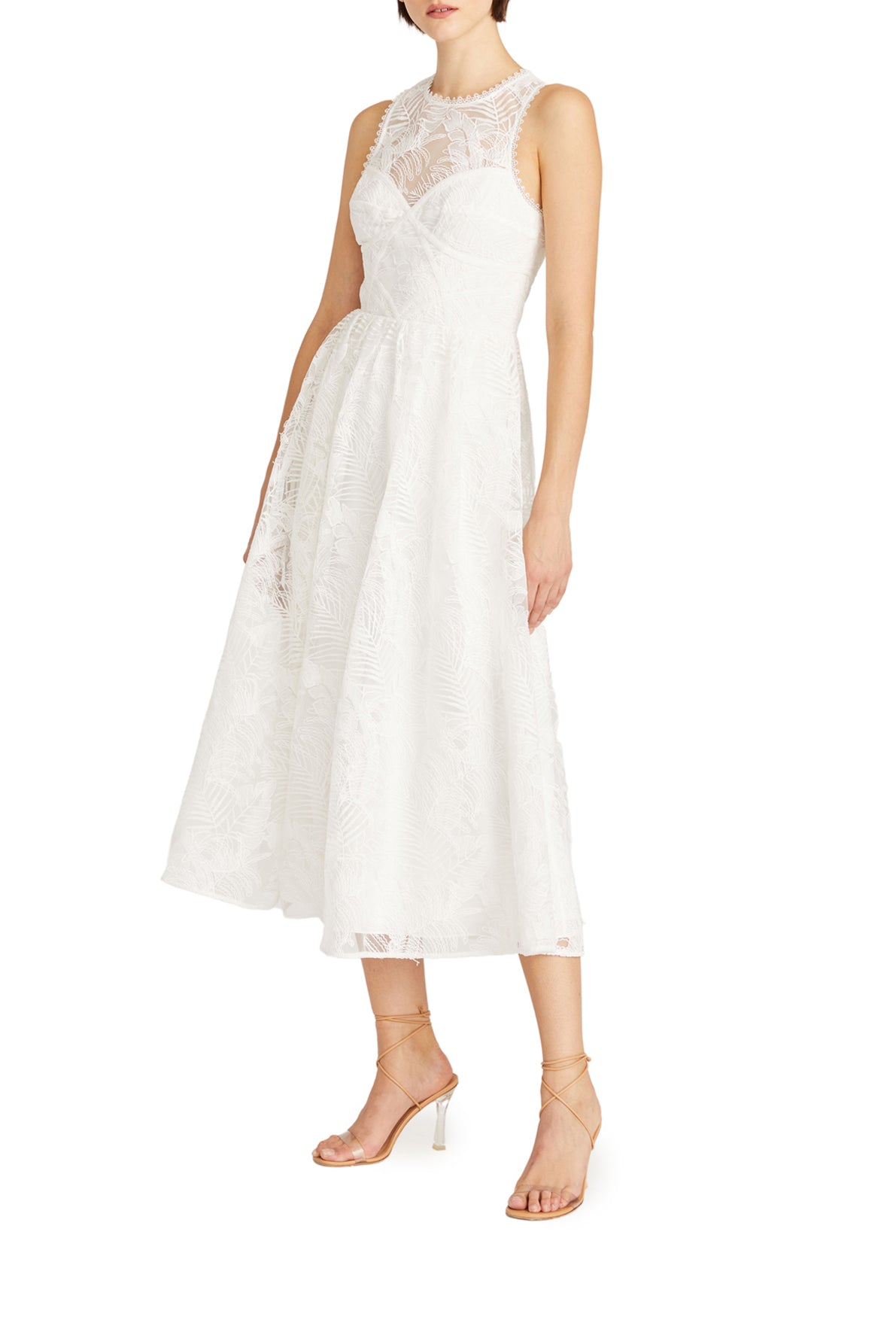 ML Monique Lhuillier ivory embroidered tulle midi dress.