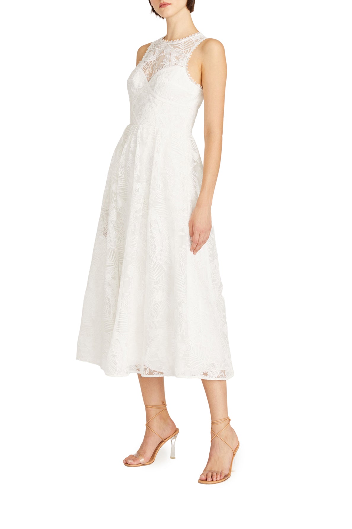 ML Monique Lhuillier ivory embroidered tulle midi dress.  