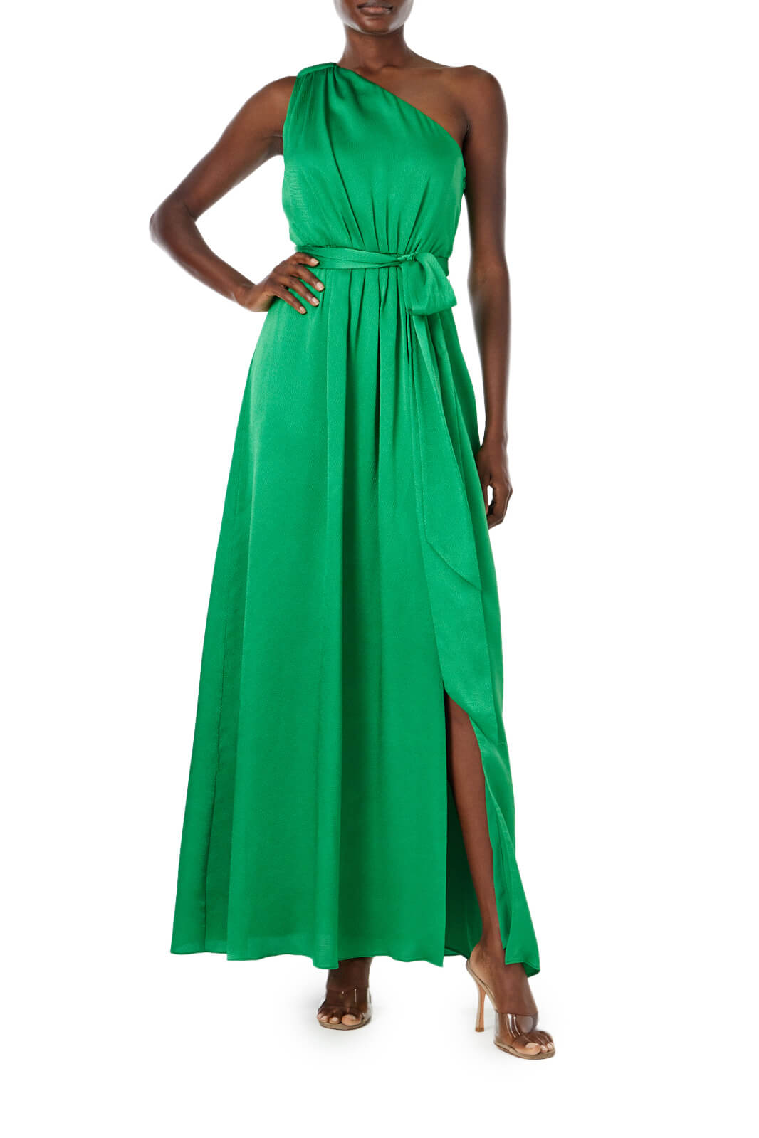 ML Monique Lhuillier green one shoulder long dress with high front slit.