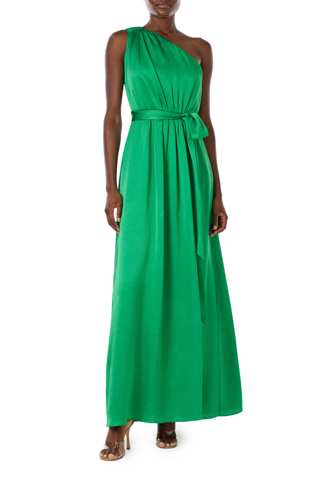 ML Monique Lhuillier green one shoulder long dress with high front slit.
