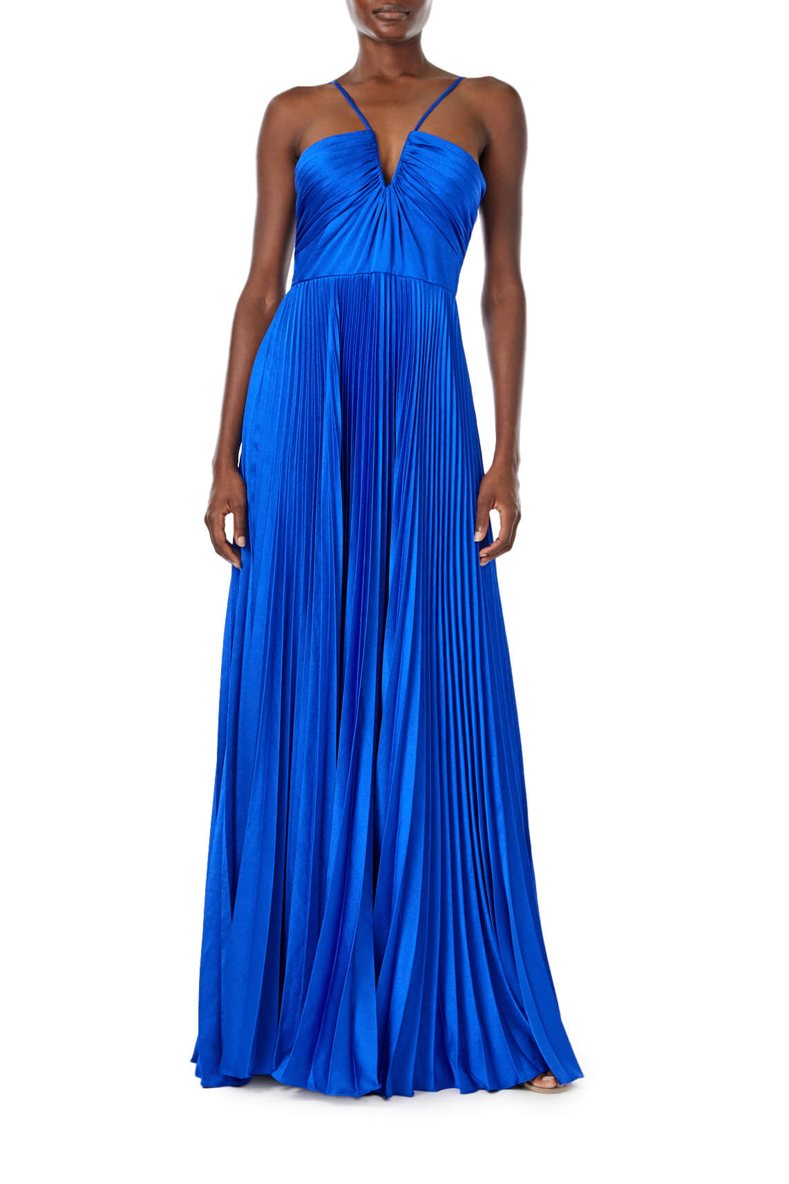 ML Monique Lhuillier cobalt blue satin long dress with halter neckline.