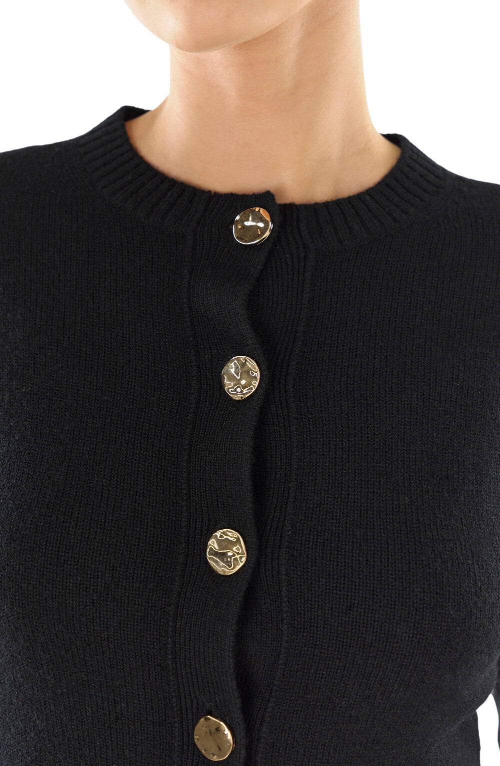 Monique Lhuillier black long sleeve cropped cardigan with gold buttons.