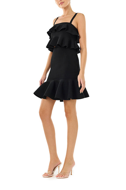 Monique Lhuillier black knit ruffle top with spaghetti straps and gold back zipper.